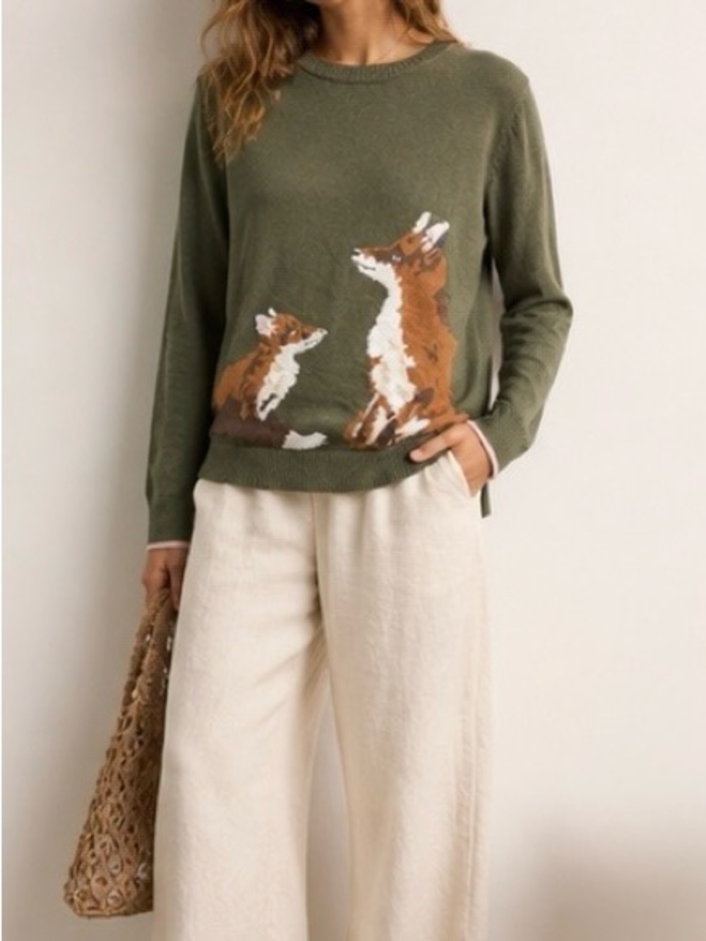Joules Miranda Fox Cub Intarsia Crew Neck Sweater Olive Green US 12 (M/L)